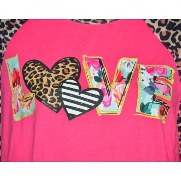Southern Stitch Pink Raglan Cheetah Print Sleeve Top T-Shirt LOVE Graphic Size L - Picture 3 of 9